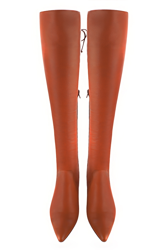 Terracotta orange women's leather thigh-high boots. Tapered toe. Low flare heels. Made to measure. Top view - Florence KOOIJMAN